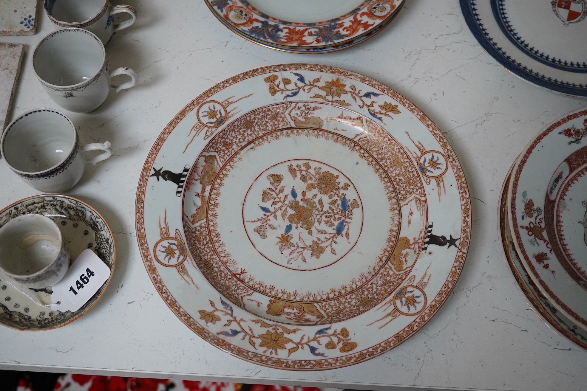 Seven assorted 18th century Chinese armorial plates. Condition - mostly restored